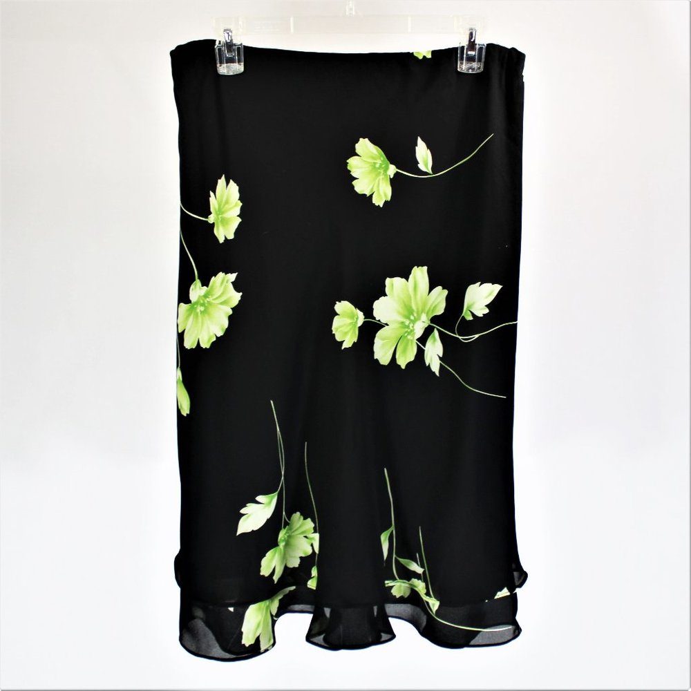 Black w/ Green Floral Pattern Midi Skirt